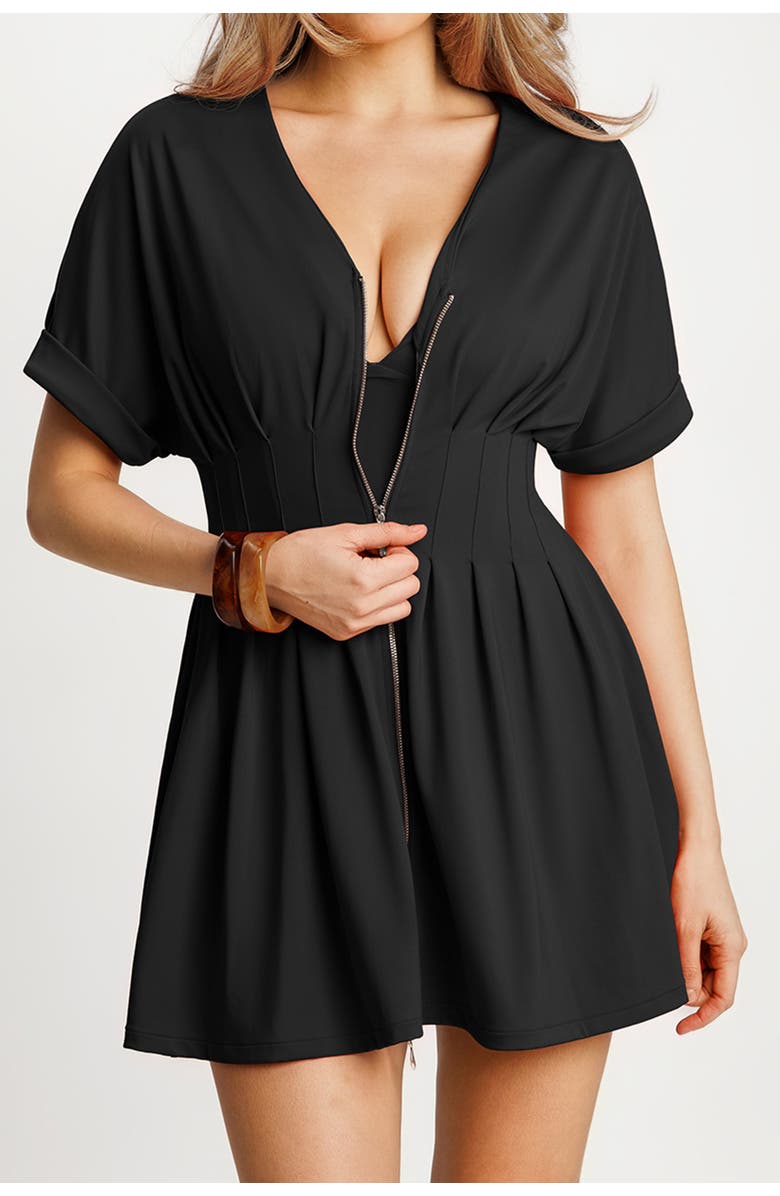 Popilush Zip Front Two-Piece Sculpting Mini Dress, Alternate, color, Black
