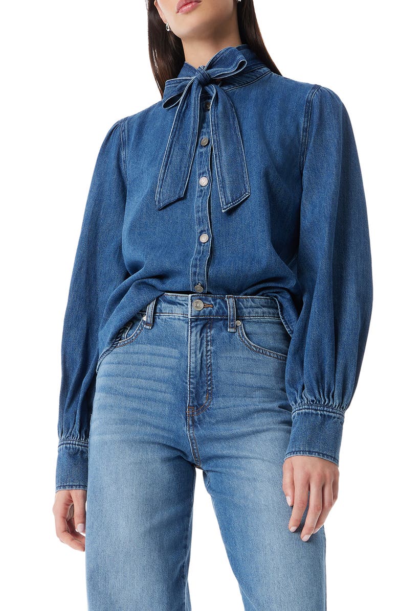 Robert Rodriguez Rosemary Tie Bow Denim Blouse, Main, color, Waterfall