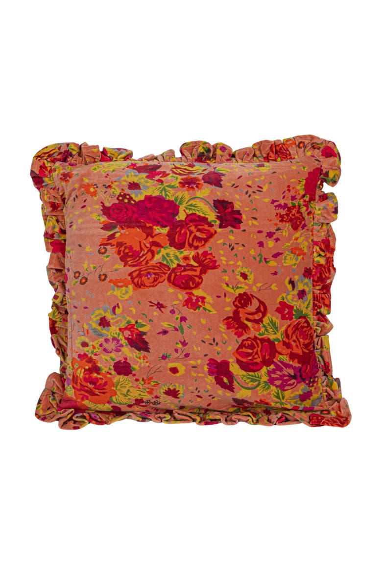 Cotton Velvet Printed Pillow with Floral Pattern, Chambray Back and Ruffle, Multicolor, Alternate, color, Multicolor