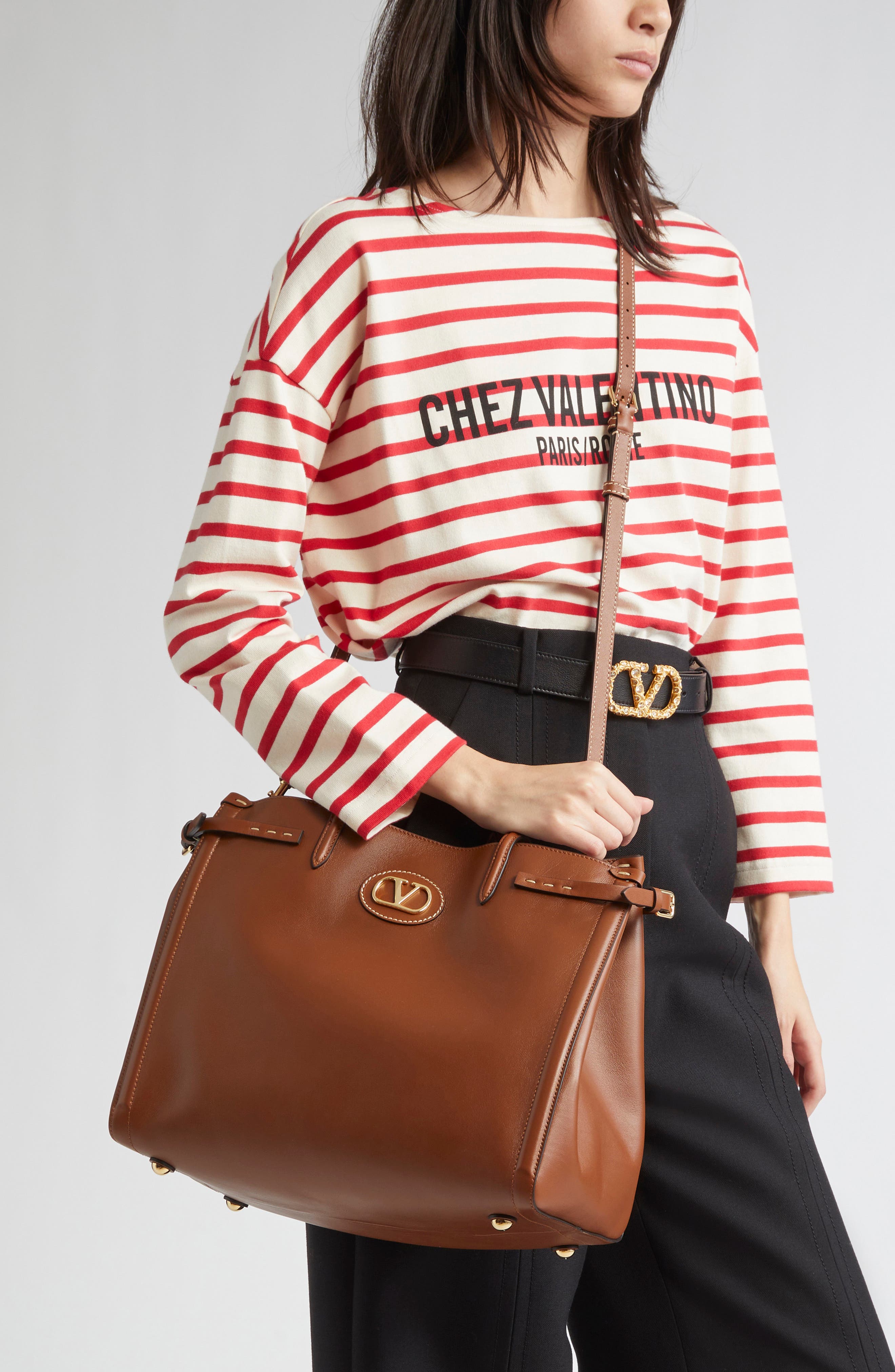 Valentino Garavani Medium Antibes Leather Tote, Alternate, color, N58 Tobacco