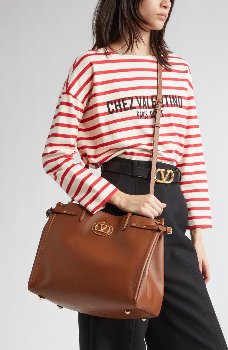 Valentino Garavani Medium Antibes Leather Tote, Alternate, color, N58 Tobacco