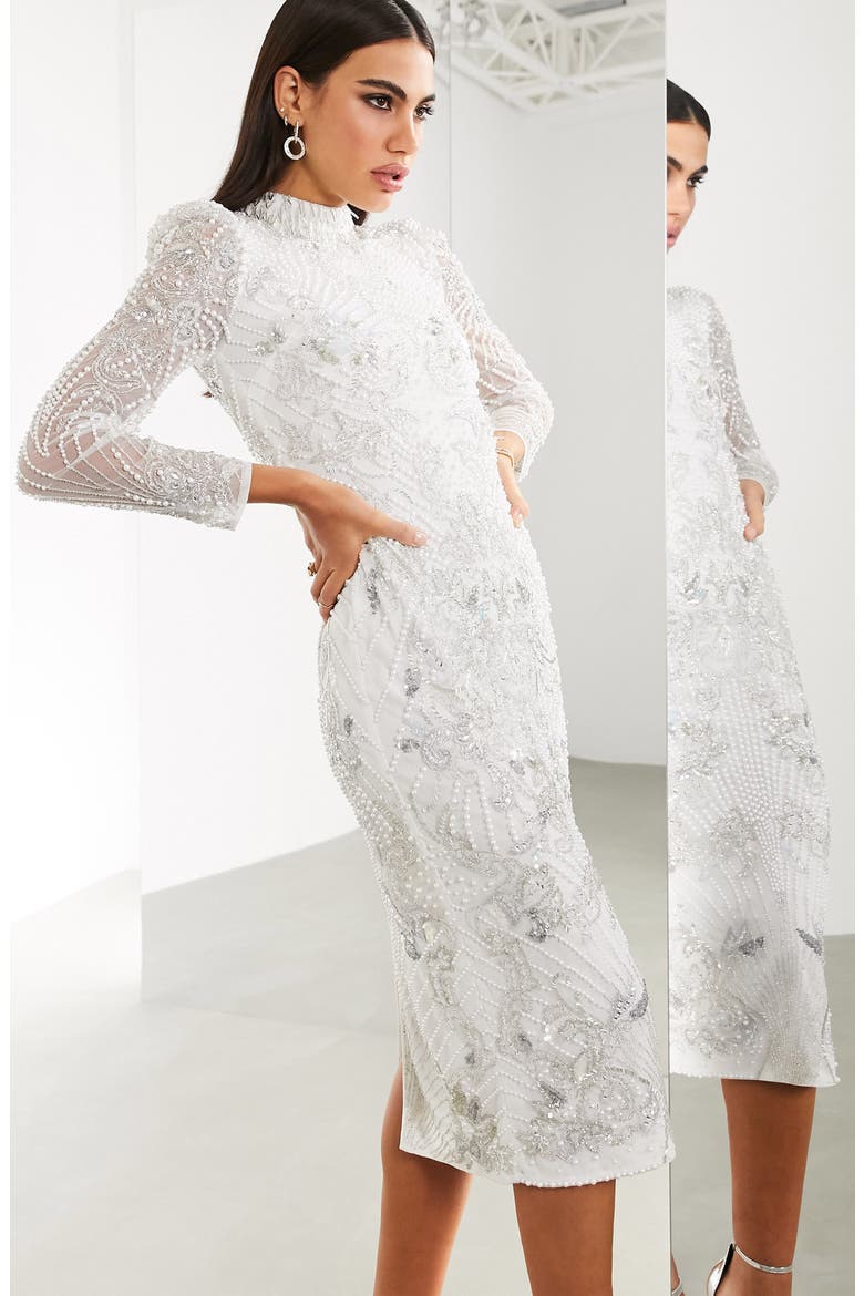 Imitation Pearl Long Sleeve Midi Dress, Alternate, color, WHITE