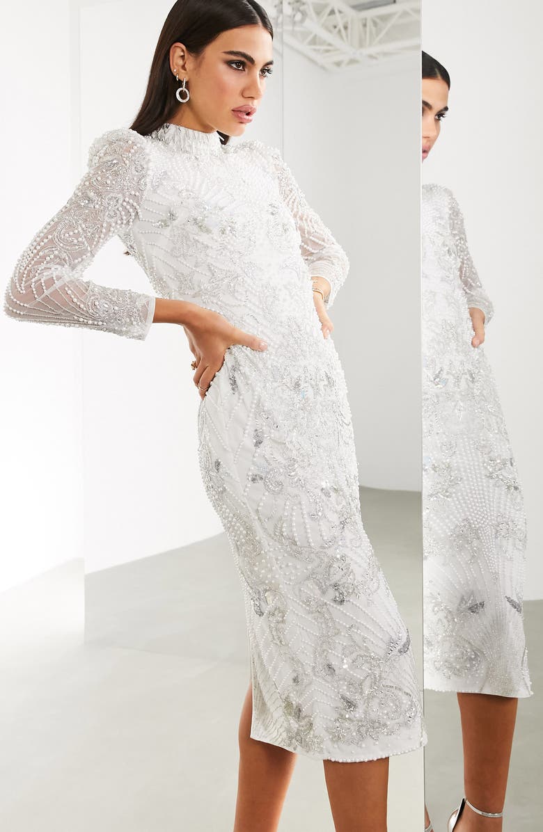 ASOS DESIGN Imitation Pearl Long Sleeve Midi Dress, Alternate, color,