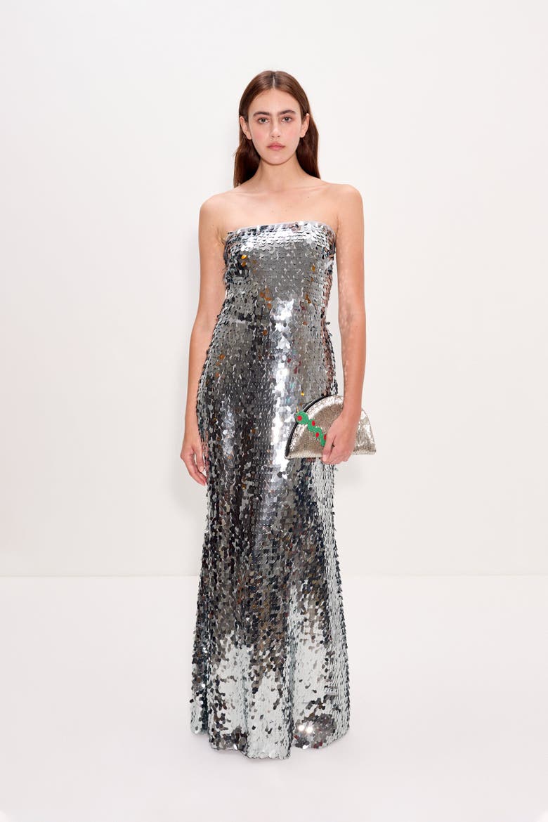 Sculpty Strapless Teardrop Sequin Dress, Alternate, color, Satellite Silver
