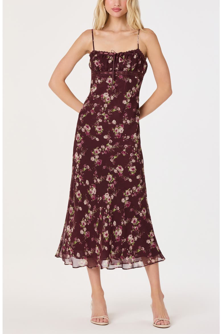 Abriana Floral Lace Trim Midi Dress, Main, color, WINE FLORAL
