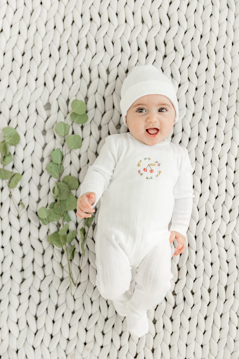 Cherry and Flower Pointelle Ribbed Romper and Hat, Alternate, color, Soft Pink