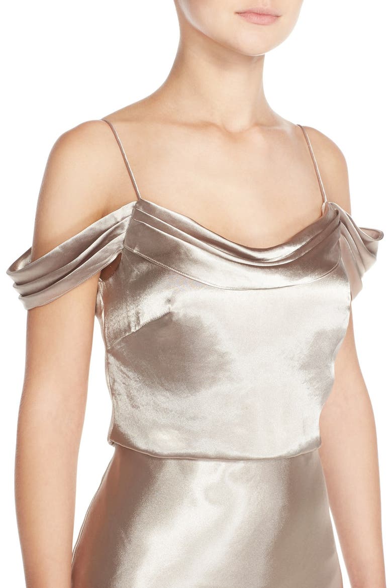 Sabine Draped Pleat Neck Charmeuse Gown, Alternate, color, LATTE