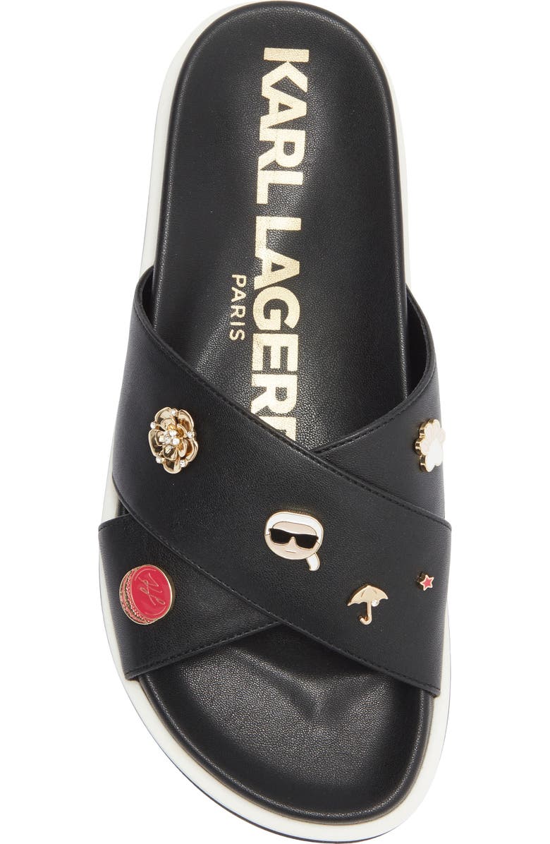 KARL LAGERFELD PARIS Embellished Crossover Strap Sandal, Alternate, color, Black