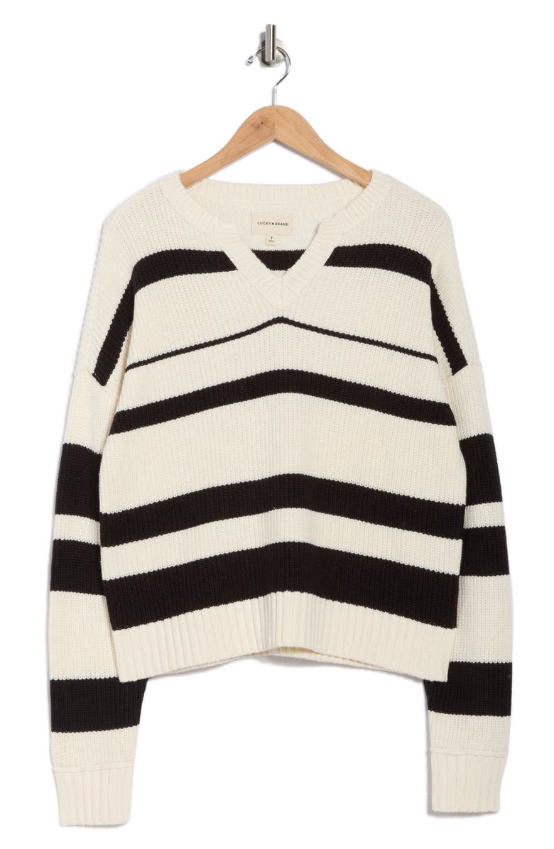 Lucky Brand Notch Neck Cotton Blend Sweater, Alternate, color, Tofu/ Black Stripe