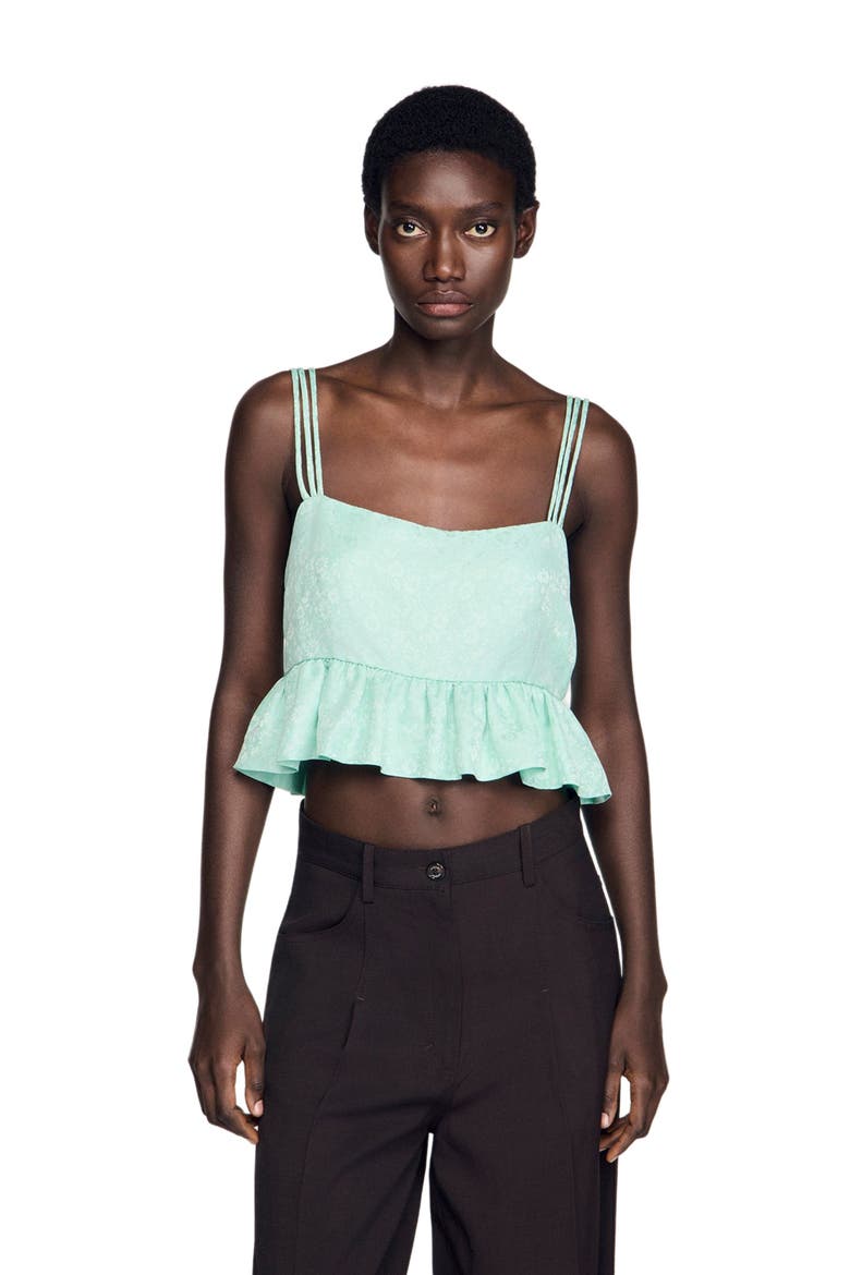 Floral jacquard ruffled crop top, Main, color, Light green