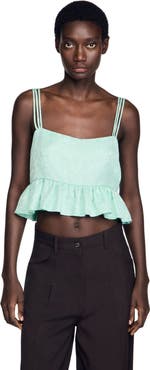 SANDRO Floral jacquard ruffled crop top