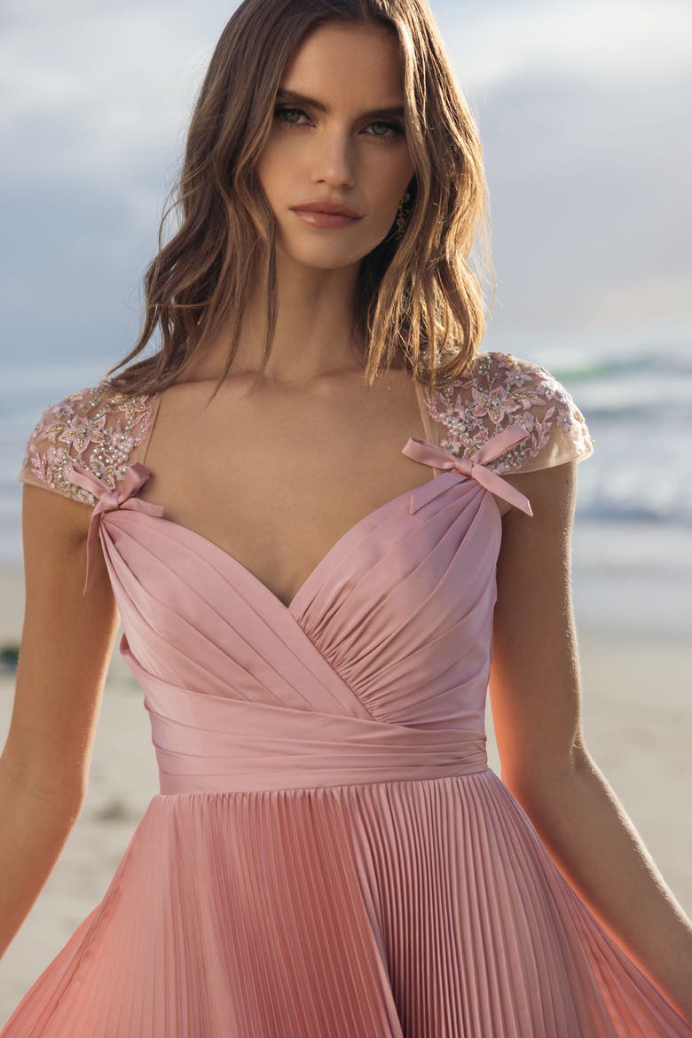 Pleated Charmeuse Embellished Cap Sleeve Gown, Alternate, color, Rose
