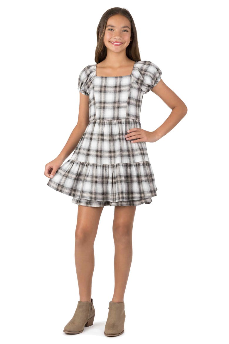 Kids' Plaid Dress & Flower Key Chain Set, Alternate, color, WHITE/ BLACK