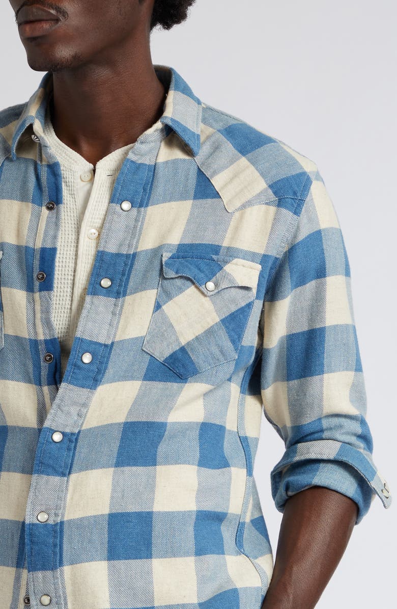 Double RL Slim Fit Buffalo Plaid Cotton & Linen Twill Western Snap-Up Shirt, Alternate, color,