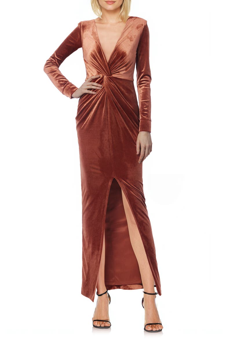 Twist Detail Long Sleeve Stretch Velvet Gown, Main, color, BURNT ORANGE