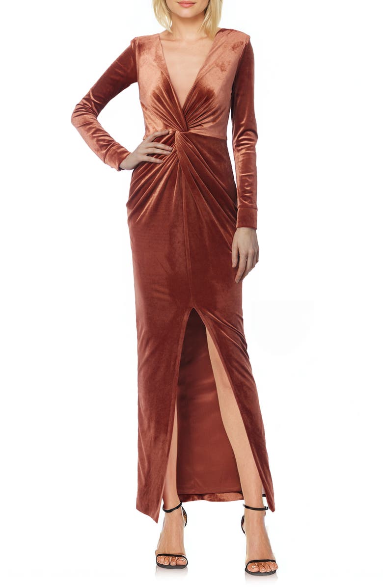 Jewel Badgley Mischka Twist Detail Long Sleeve Stretch Velvet Gown, Main, color,
