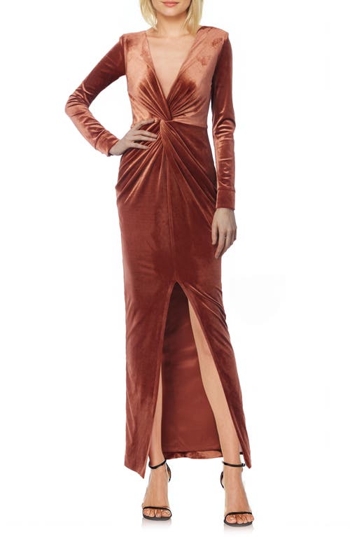 Jewel Badgley Mischka Twist Detail Long Sleeve Stretch Velvet Gown in Burnt Orange 