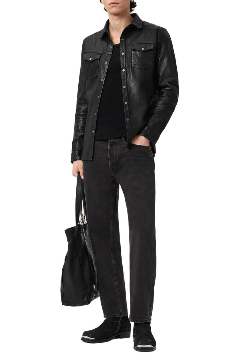 AllSaints Irwin Leather Snap-Up Shirt, Alternate, color, 