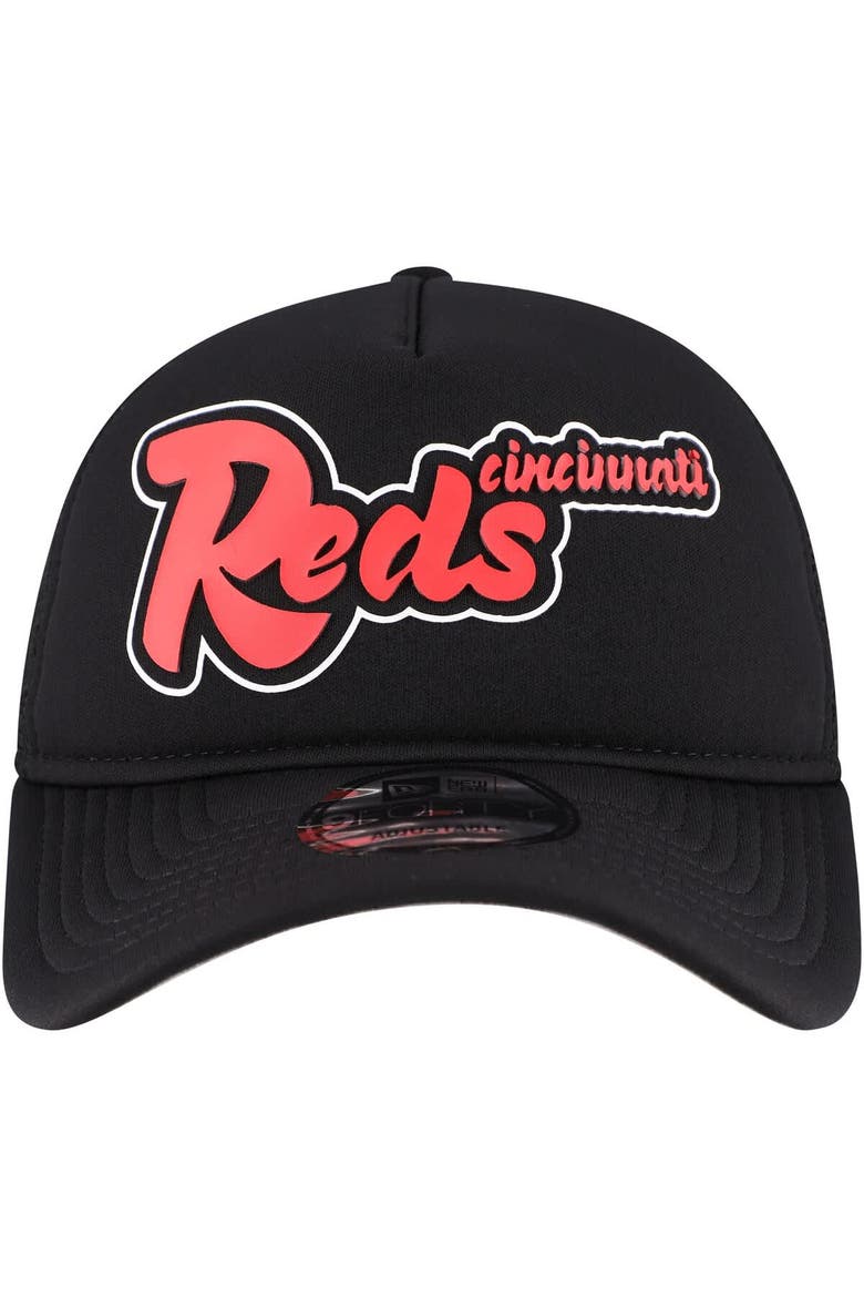 Men's New Era Black Cincinnati Reds Retro Bold A-Frame Trucker 9FORTY Adjustable Hat, Alternate, color, Black