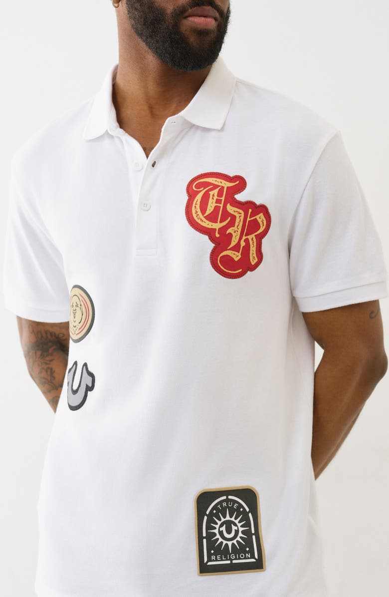 True Religion Relaxed Patchwork Cotton Polo, Alternate, color, Optic White