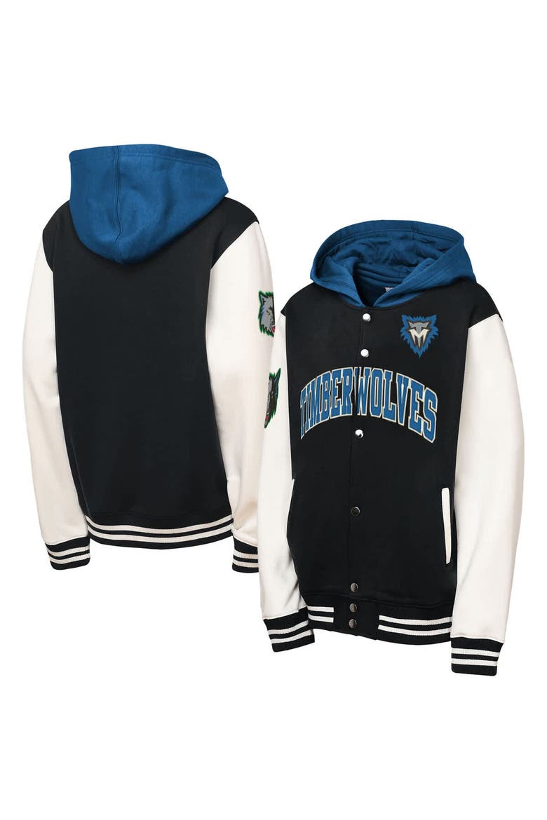 Youth Mitchell & Ness Black Minnesota Timberwolves Hardwood Classics Courtside Fleece Full-Snap Hooded Jacket, Main, color, Black