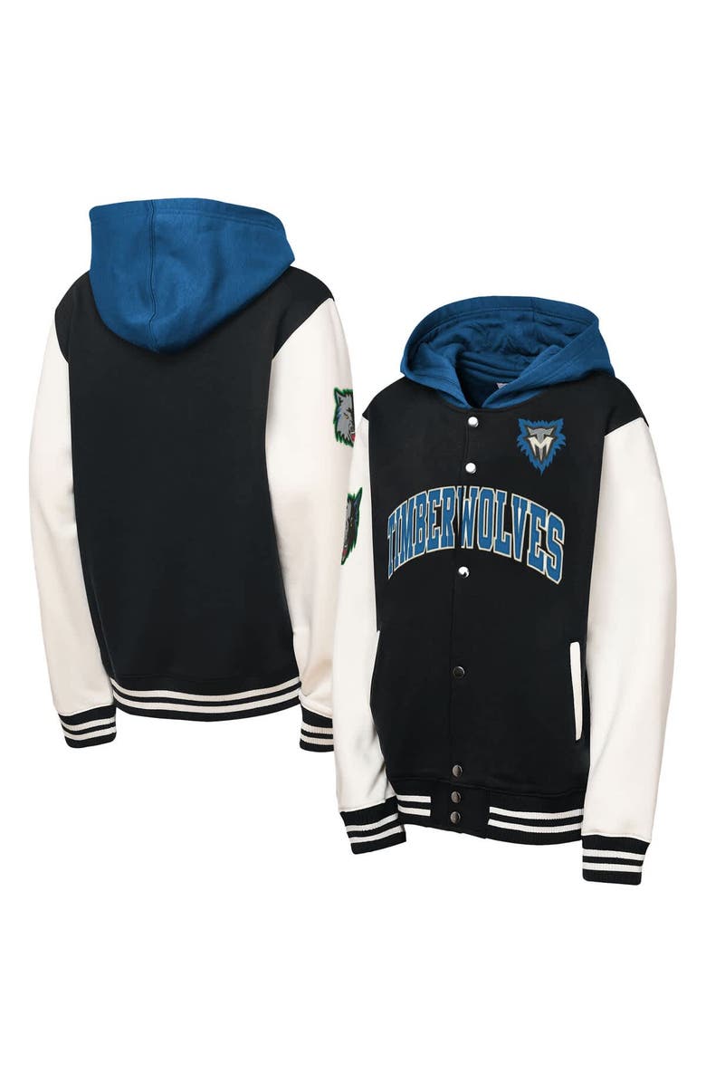 Mitchell & Ness Youth Mitchell & Ness Black Minnesota Timberwolves Hardwood Classics Courtside Fleece Full-Snap Hooded Jacket, Main, color, Black