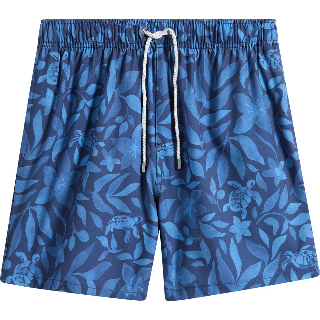 Vintage Summer Floral & Turtle Print Water Repellent Stretch Volley Swim Trunks In Blue