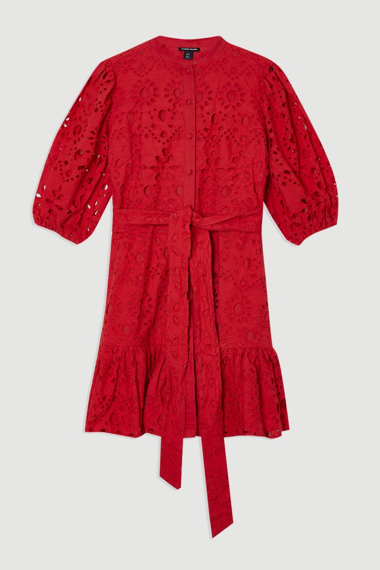 Woven Tie Waist Mini Dress, Alternate, color, Red