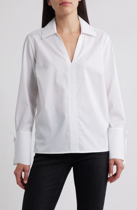 Tie Cuff Cotton Blend Popover Top