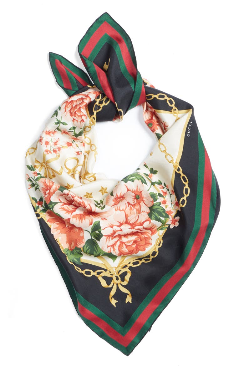 Rose Chain Foulard Silk Twill Scarf, Alternate, color, CREAM/ BLK