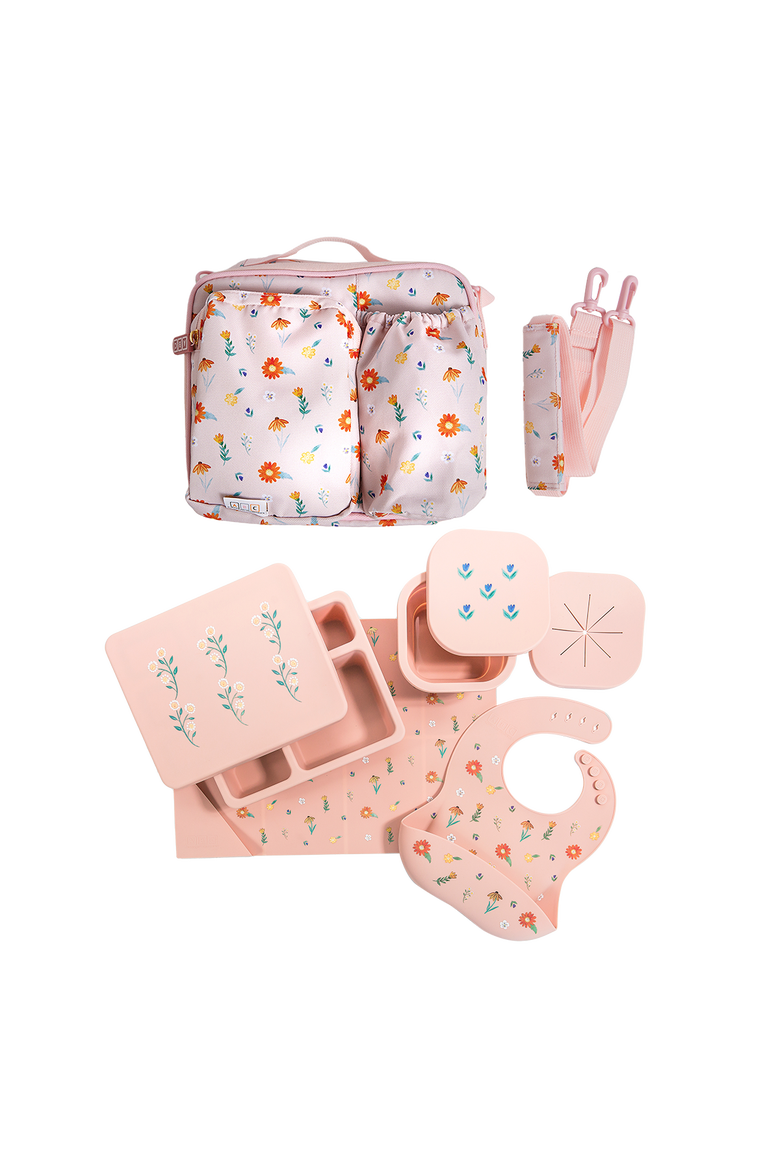 Silicone Mealtime Bundle and Lunch Bag, Main, color, Wildflower Ripe Peach