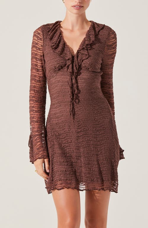 Astr The Label Ruffle Long Sleeve Stretch Lace Minidress In Chocolate Brown