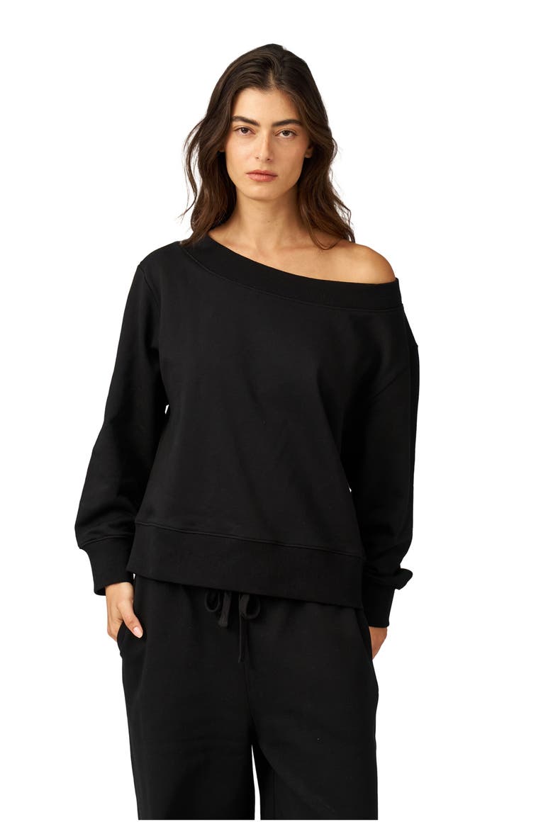 Cozy Coast Airport Off the Shoulder Sweatshirt, Main, color, Black