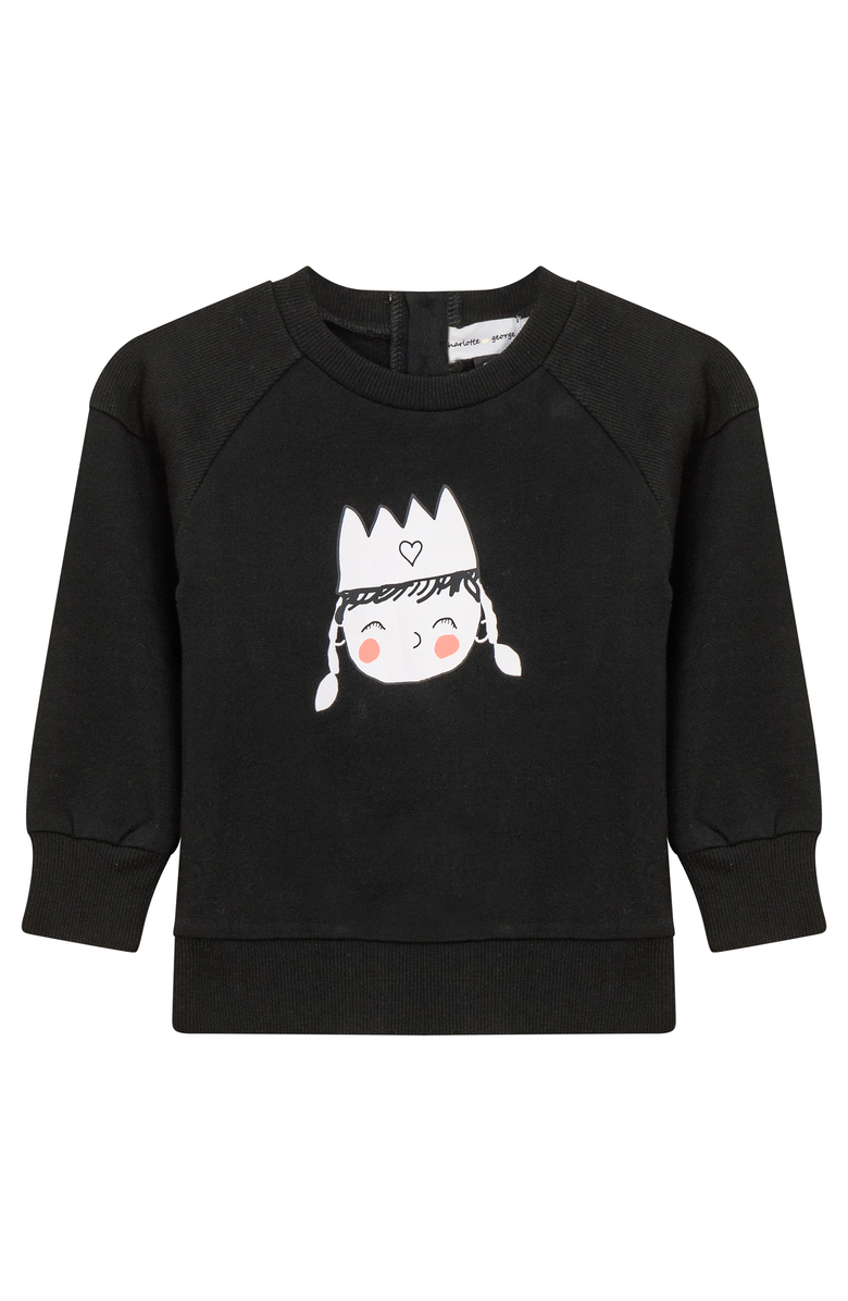 Charlotte & George Girl French Fleece Crown Print Sweatshirt, Main, color, Black