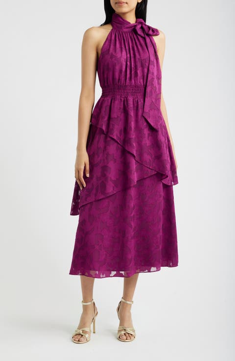 Floral Jacquard Asymmetric Tiered Midi Dress