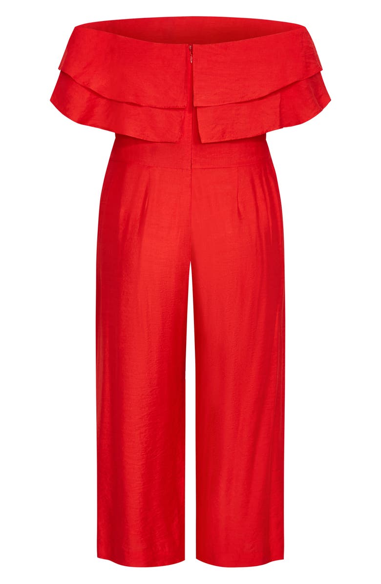 City Chic Poppy Ruffle Off the Shoulder Jumpsuit, Alternate, color, Sunset