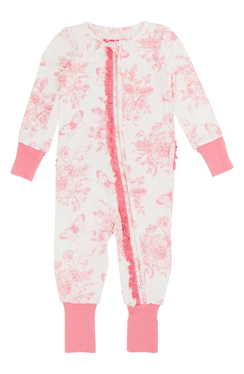 RuffleButts Butterfly Print Ruffle Convertible Romper, Main, color, White/Pink