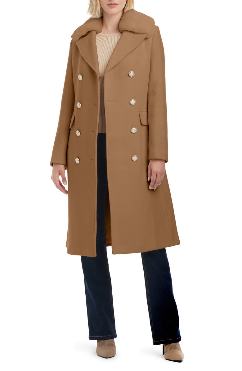 Vince Camuto Double Breasted Wool Blend Coat with Removable Faux Fur Collar, Alternate, color, Camel