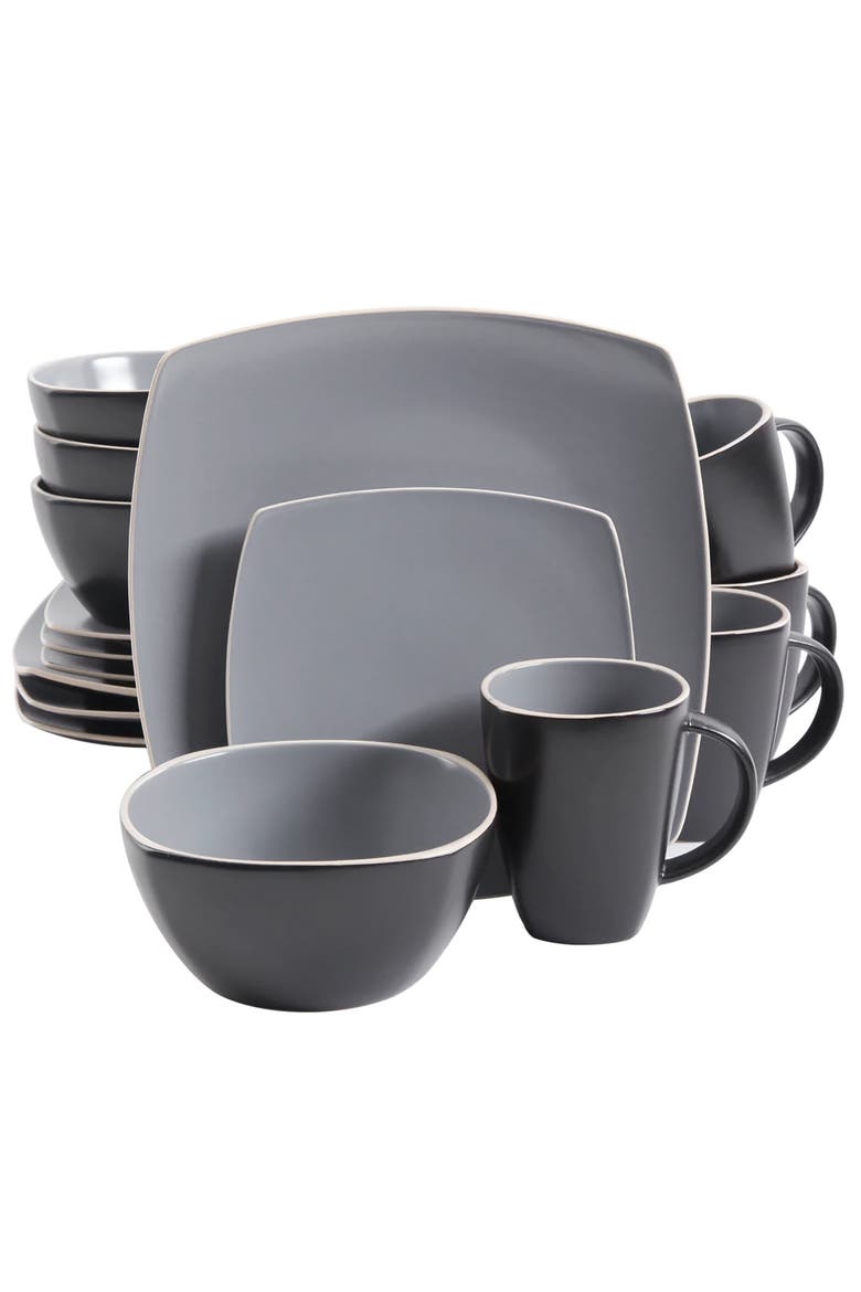 16 Piece Soft Square Stoneware Dinnerware Set, Main, color, Grey