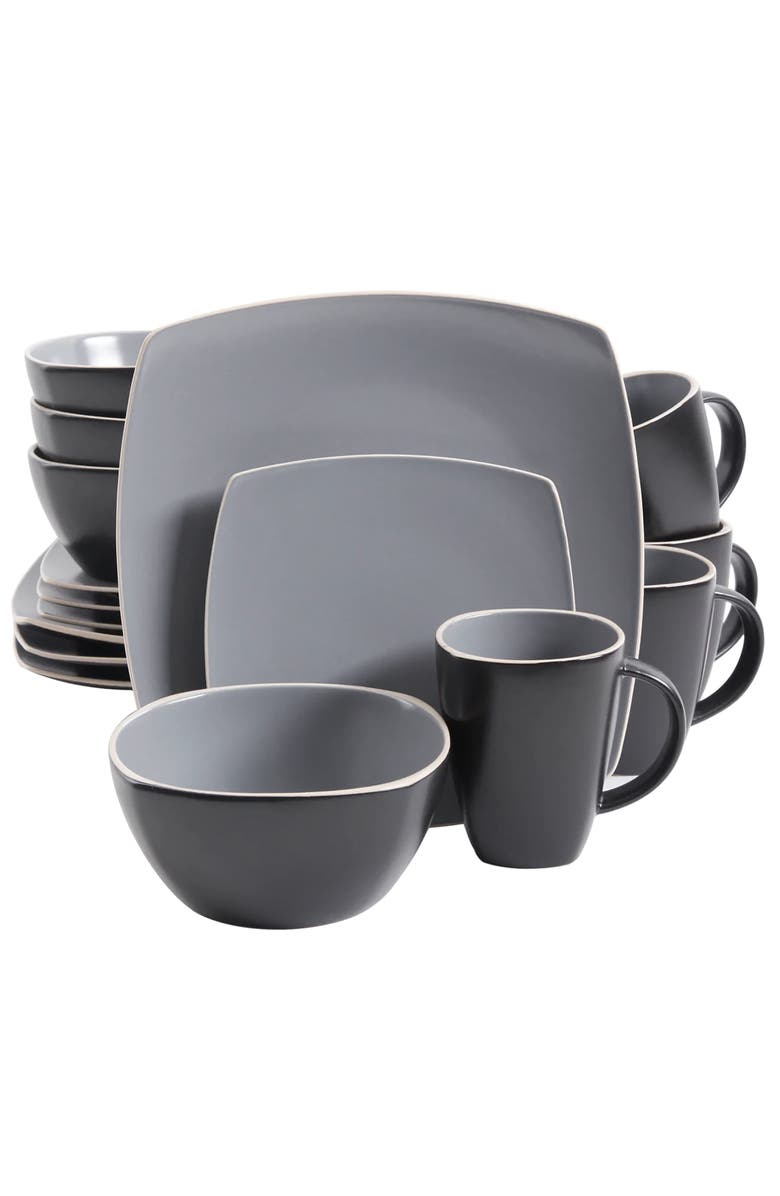 Gibson Home 16 Piece Soft Square Stoneware Dinnerware Set, Main, color, Grey