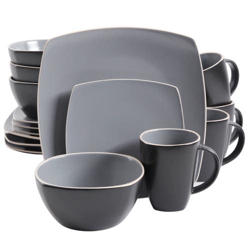 Gibson Home 16 Piece Soft Square Stoneware Dinnerware Set In Gray