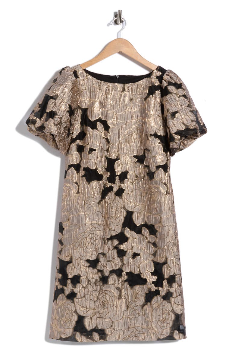 Lurex Jacquard Puff Sleeve Shift Dress, Alternate, color, BLACK/ TAUPE