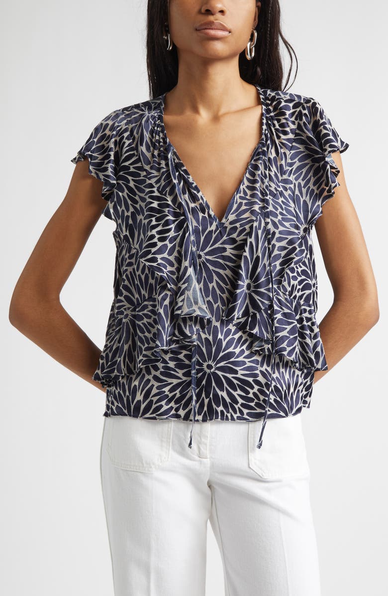 Ramy Brook Julianne Ruffle Top, Main, color, Navy Burnout