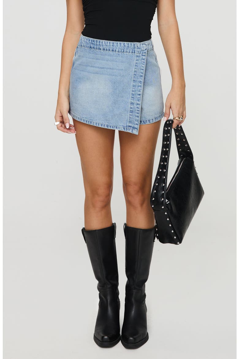 Caruso Faux Wrap Denim Skort, Main, color, LIGHT WASH