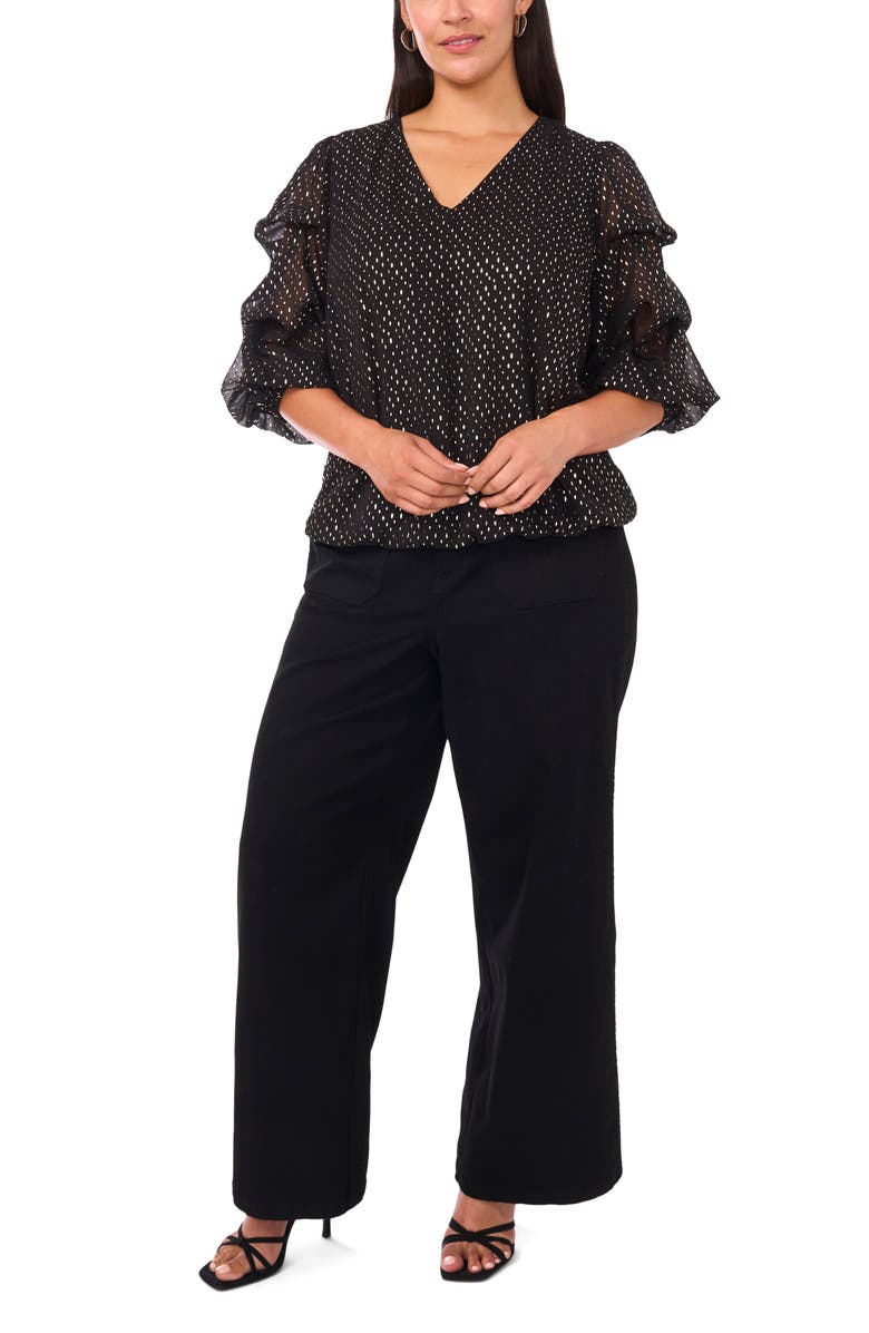 Vince Camuto Metallic Dot V-Neck Bubble Sleeve Top, Alternate, color, Rich Black