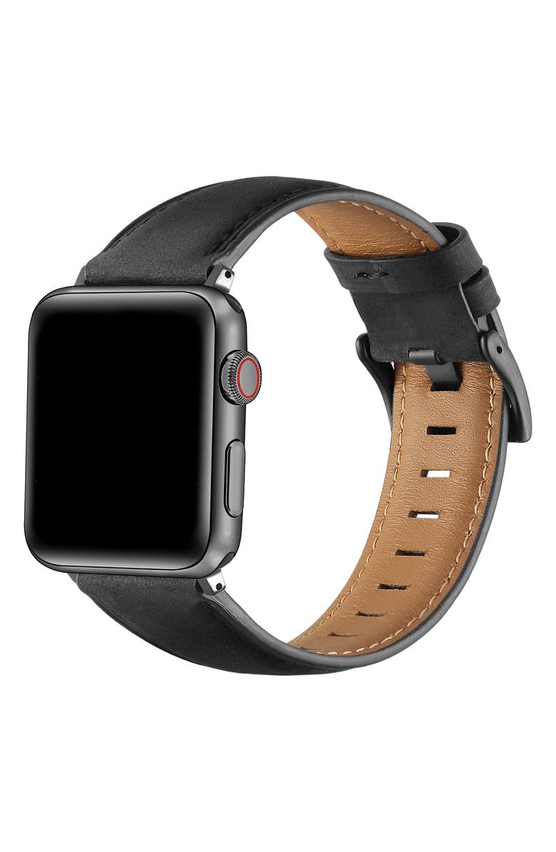 The Posh Tech Hunt Distressed Leather Apple Watch<sup>®</sup> Watchband, Alternate, color, Black