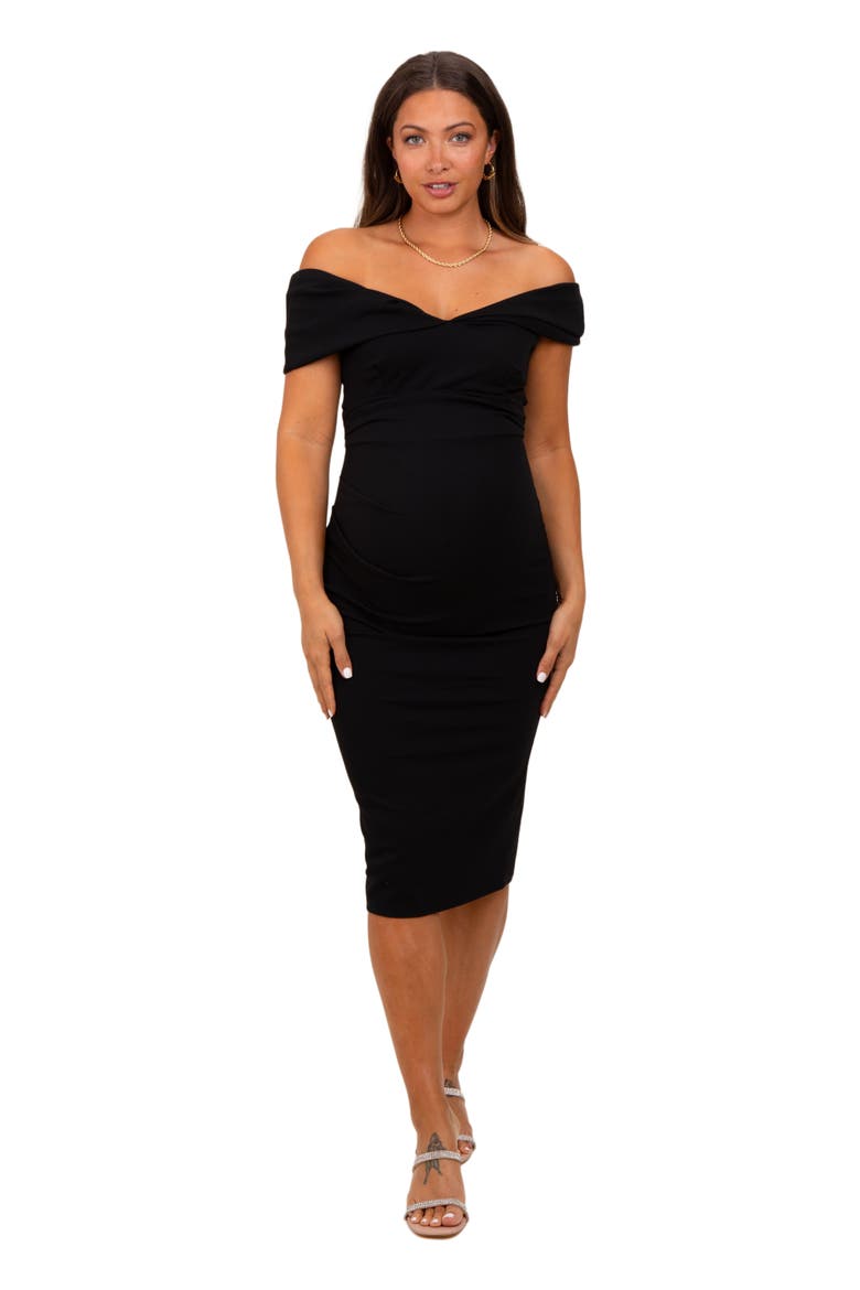 Off Shoulder Fitted Midi Dress, Alternate, color, Black