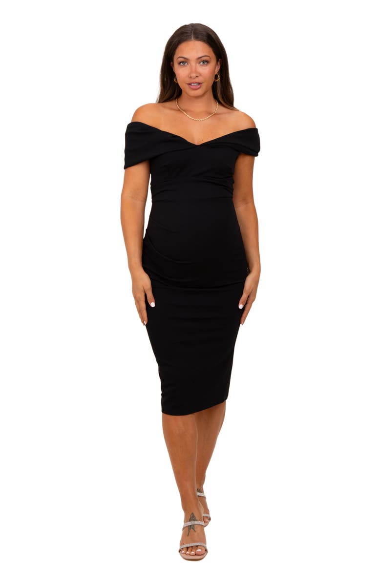 PinkBlush Off Shoulder Fitted Midi Dress, Alternate, color, Black