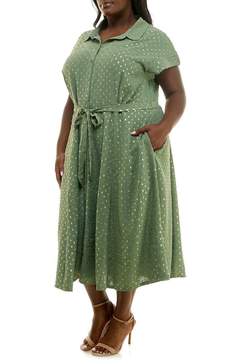 Nina Leonard Short Sleeve Clip Dot Shirtdress, Alternate, color, Sage/ Gold