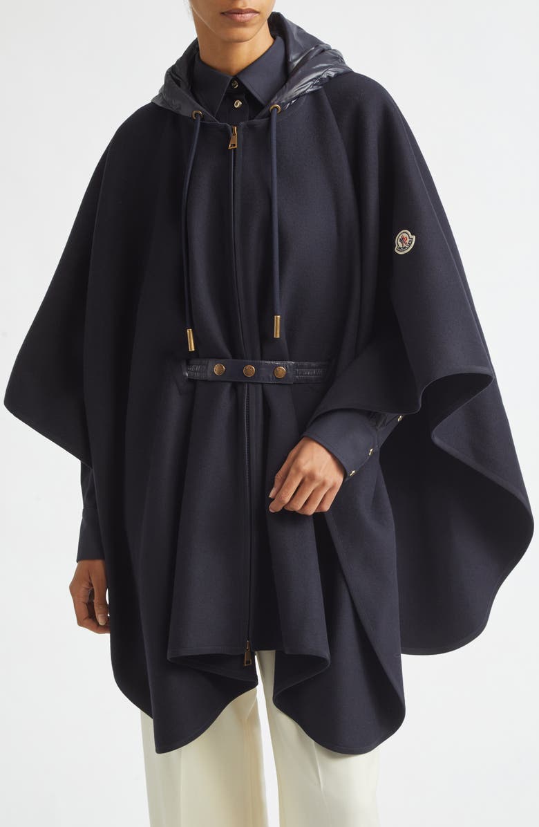 Moncler Zip Padded Wool Blend Hooded Cape, Main, color, Blue